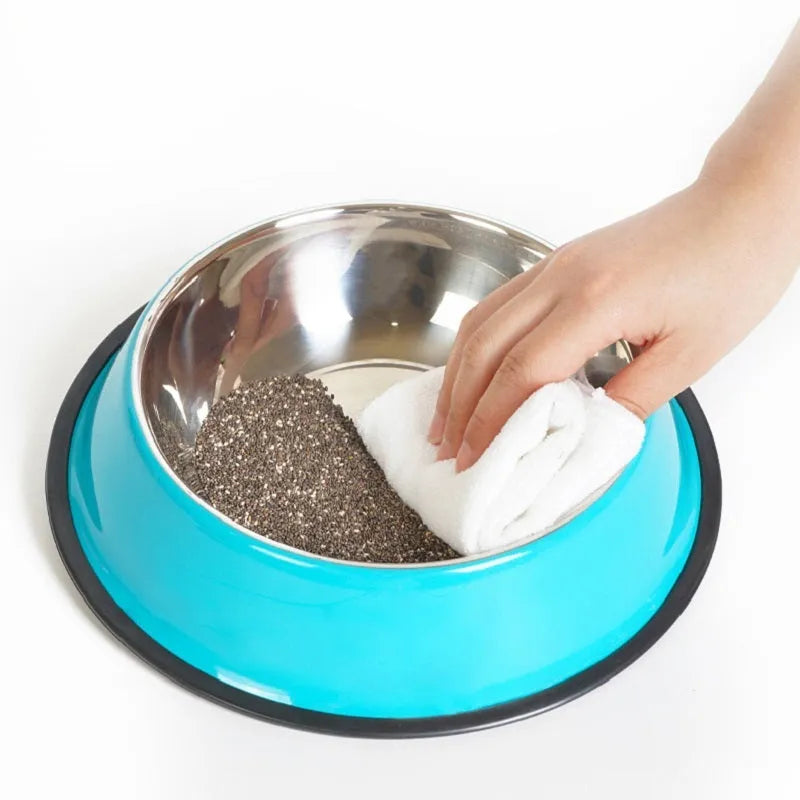 Stainless steel pet bowl with colourful melamine outer pot and non-slip rubber base
