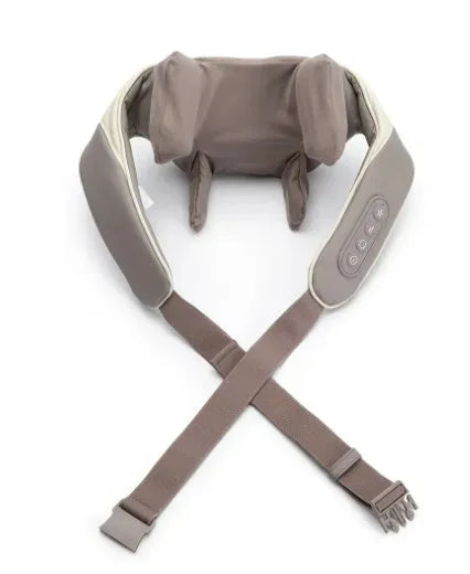 Milky white rechargeable shoulder and neck kneading massager with USB charging cable.
