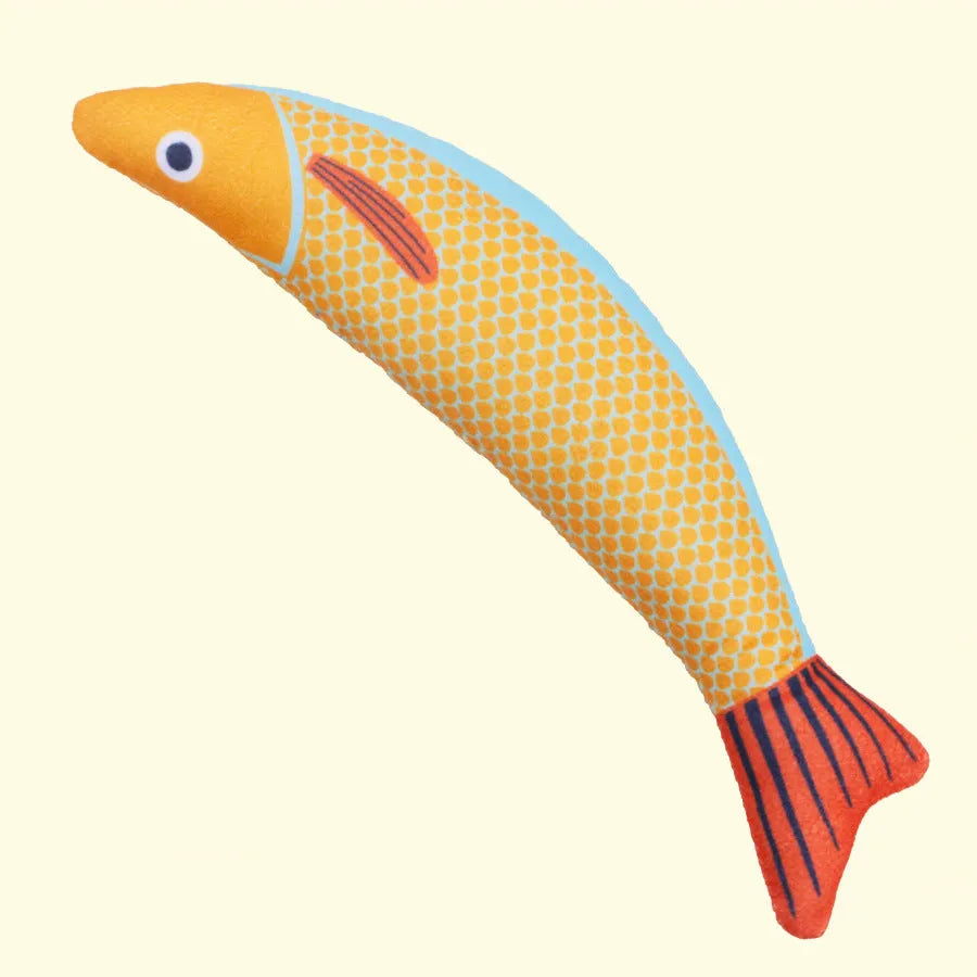 Soft plush catnip fish kicker toy in green, orange, or yellow colours for interactive cat play
