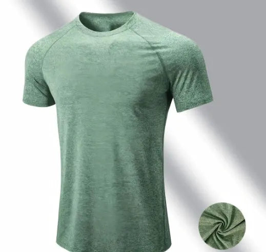 Men's quick-dry stretch running t-shirt in black, gray, green or pink with round neck and short sleeves