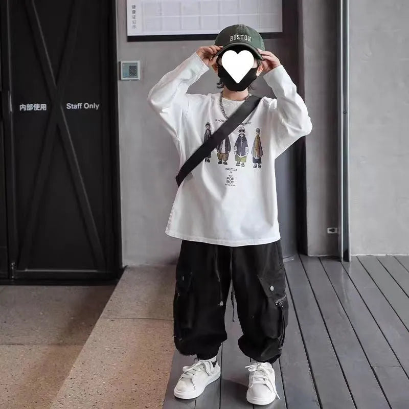 Children cotton workwear trousers mid waist beige and black spring autumn