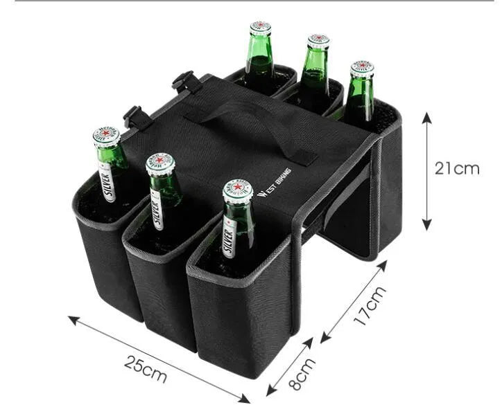 Double-sided black bicycle beverage bag mounted on bike frame showing 2 litre capacity