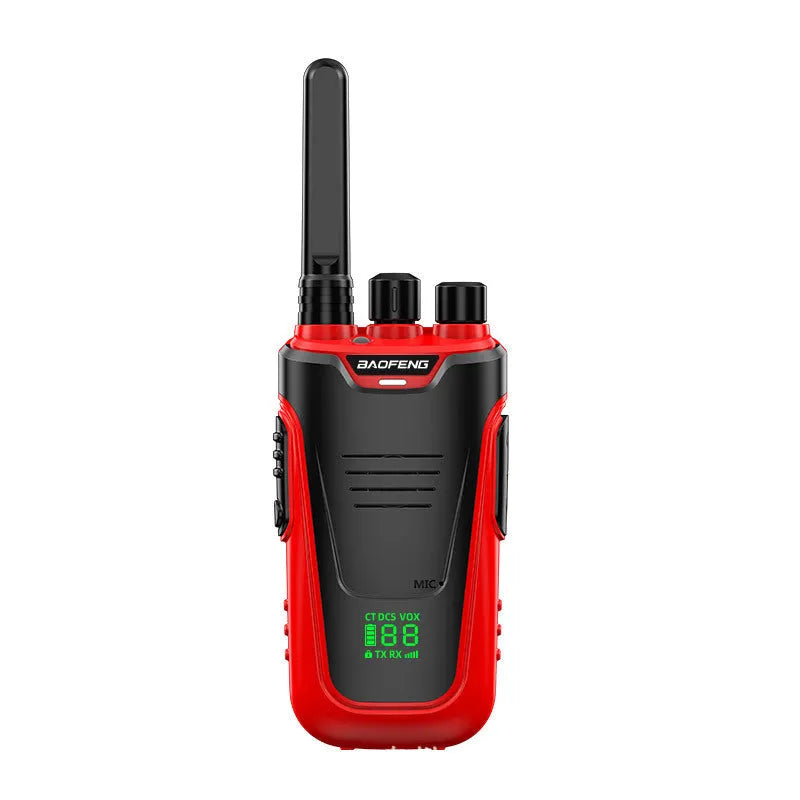 Red or yellow coloured portable intercom with display, measuring 95mm by 53mm.