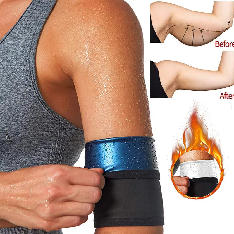 Sports arm sweatband shown in blue, silver, black and yellow, and black and red colour options for S to 5XL sizes.