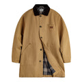 Men's khaki cotton mid-length trench coat with loose fit, single breasted front, solid colour