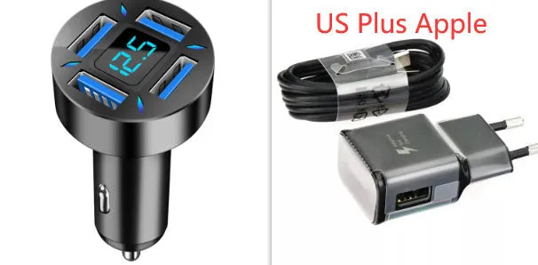 Black four-port USB car charger with digital LED display, shown plugged into a car dashboard.