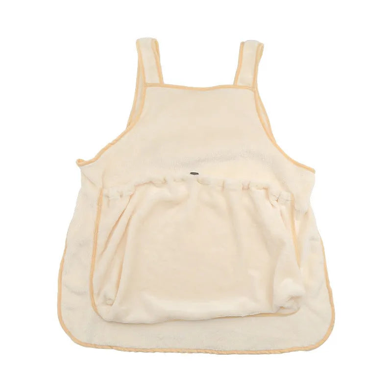 Plush pet carrier apron in beige with adjustable neck strap for small cats and dogs