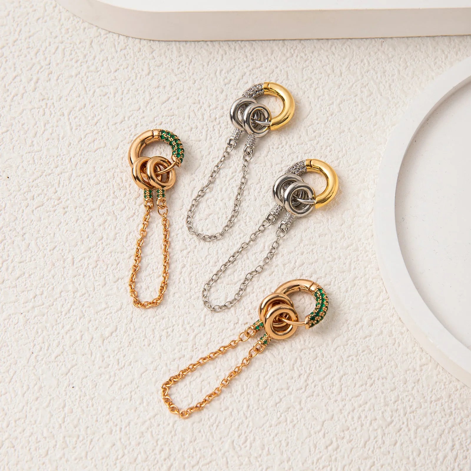 Pair of green zircon ear studs with chain, copper base, electroplated finish, two ways to wear design