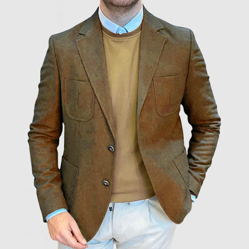 Men's casual cotton suit jacket in a loose fit retro style, shown in Army Green colour.