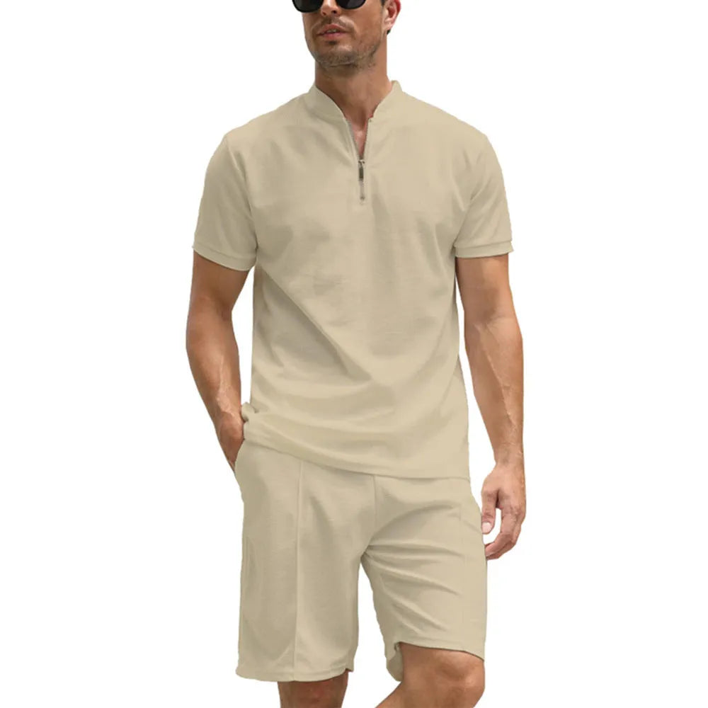 Men's solid colour polo shirt and trouser two-piece set in beaded bird's eye fabric