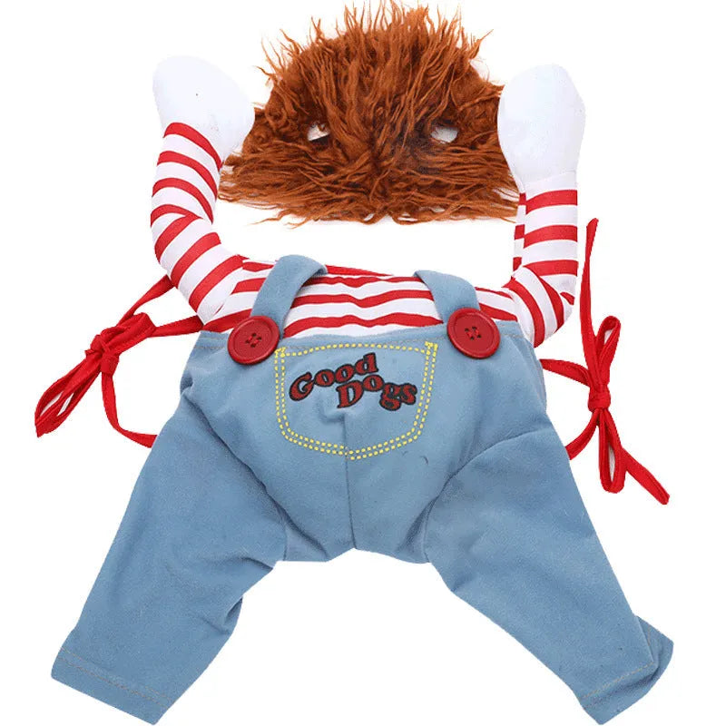 Brown dog wearing a polyester dagger costume with knife design, standing pose, autumn setting
