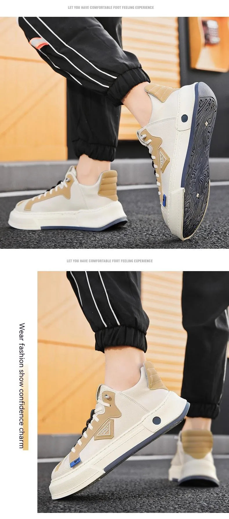 Men's beige low-top sneakers with elastic band and leather stitching details