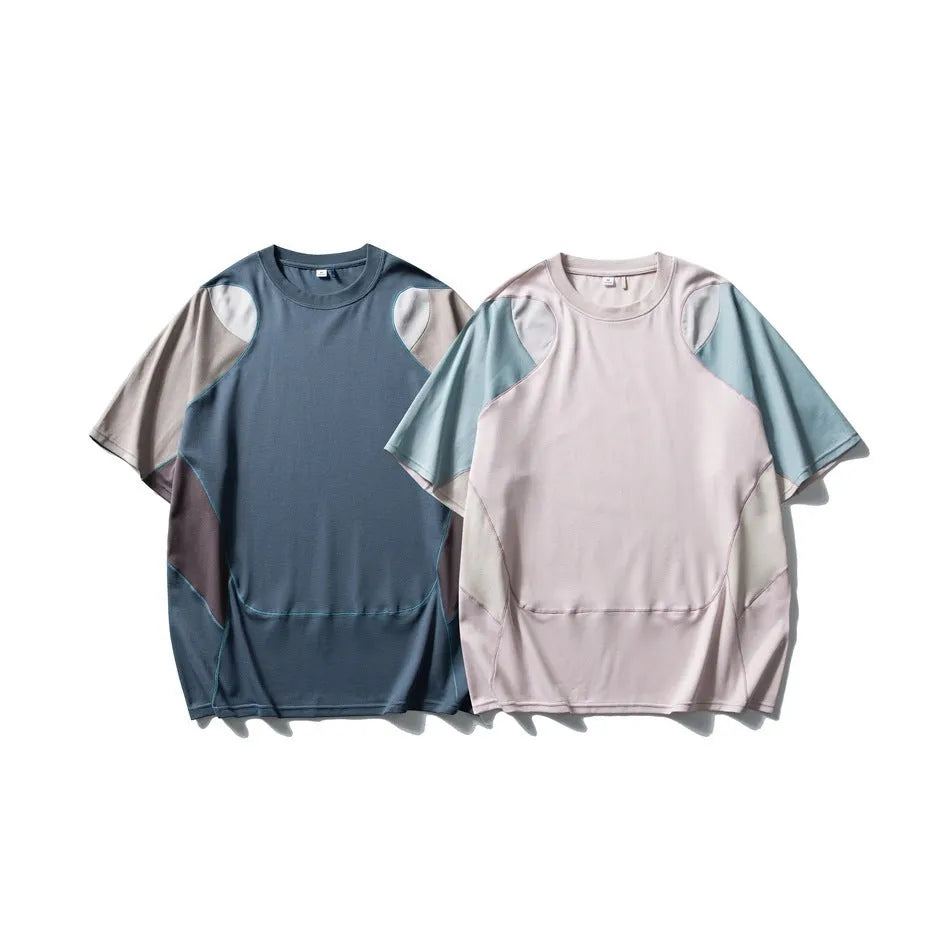 Men's patchwork contrast colour loose-fit sports T-shirt with raglan short sleeves.