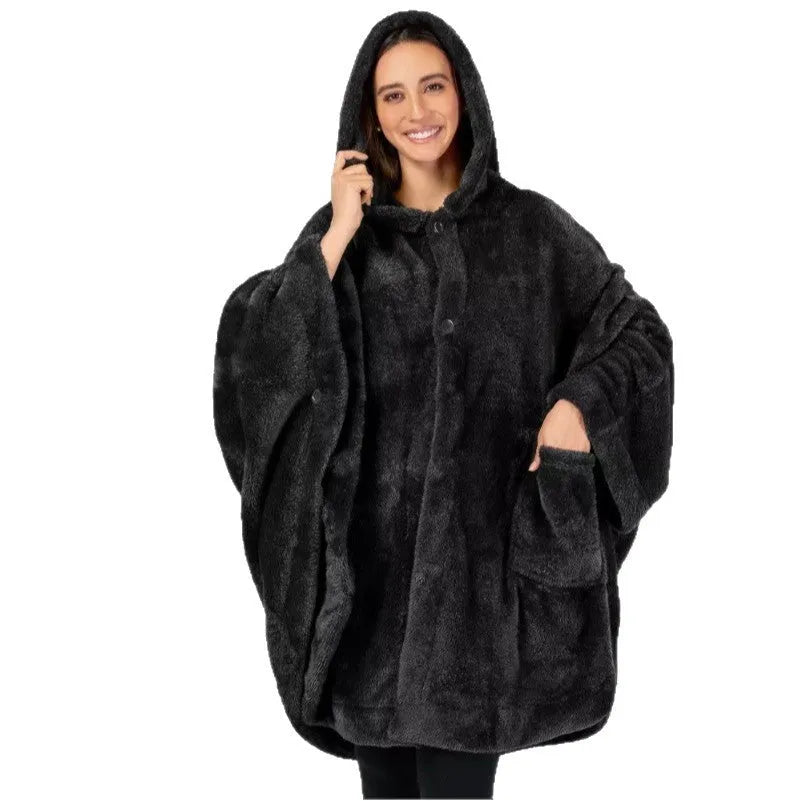 Thick hooded bathrobe in black colour with long sleeves and cardigan-style front