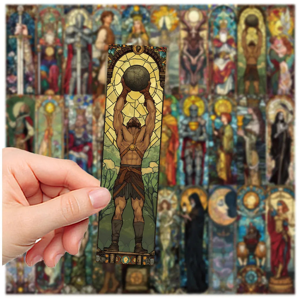 Set of thirty painted glass tarot design bookmarks in a cute homemade style on paper.