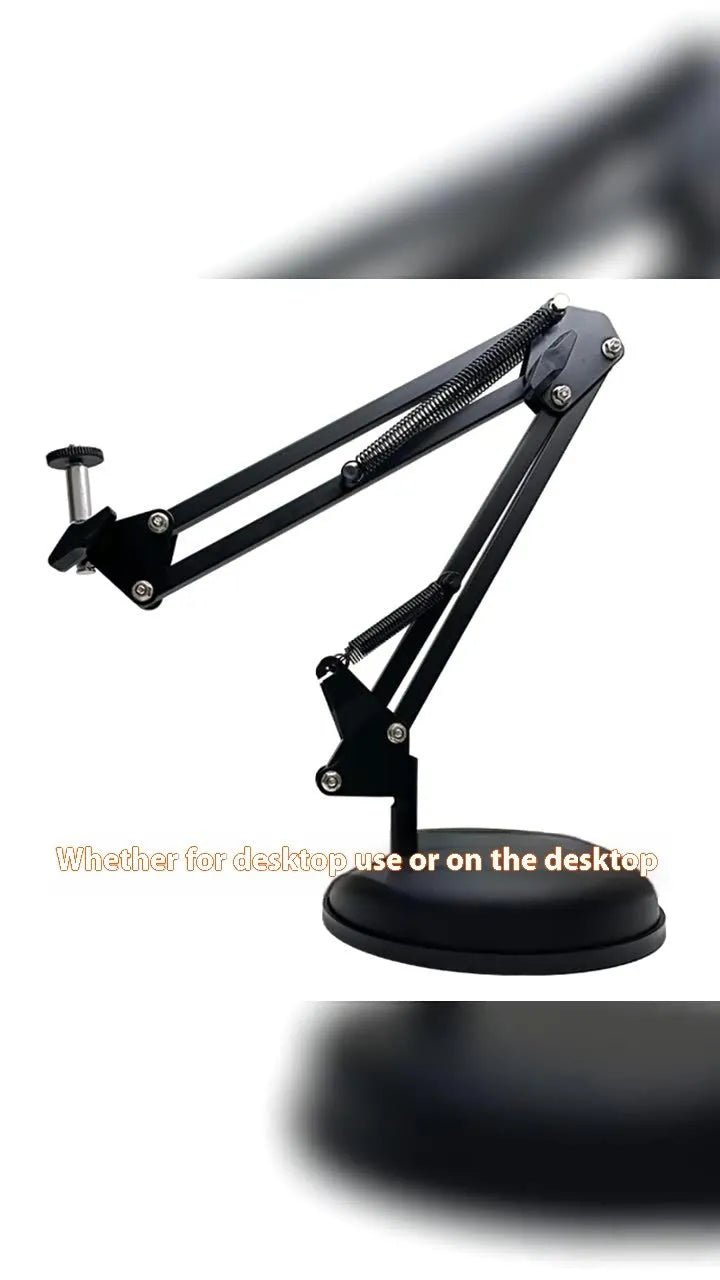 Black metal desktop cantilever bracket holding tablet with adjustable arms and folding mechanism