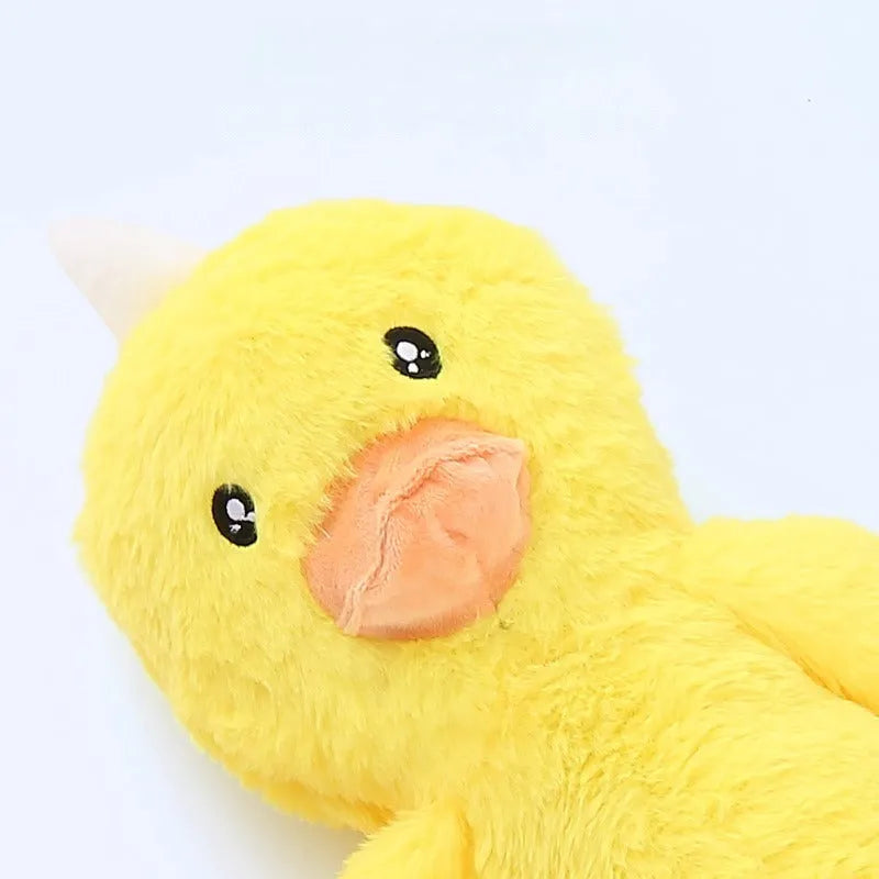 Large pink and yellow plush dog toy with squeaker and rattle paper for golden retrievers