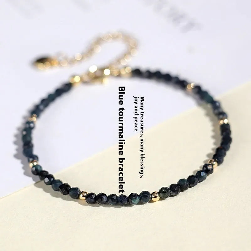 Blue tourmaline 3mm beaded bracelet with spacer beads in women's advanced style
