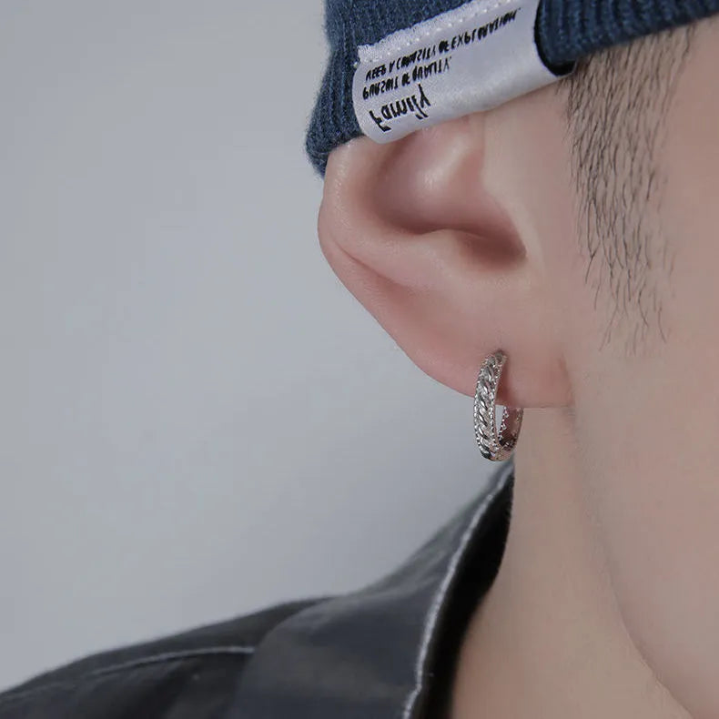 Men's geometric copper earrings in silver, shown in 10mm and 14mm sizes on a plain background.