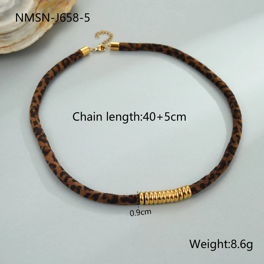 Leopard series stainless steel necklace with geometric pendant on regular chain, 18K electroplated finish