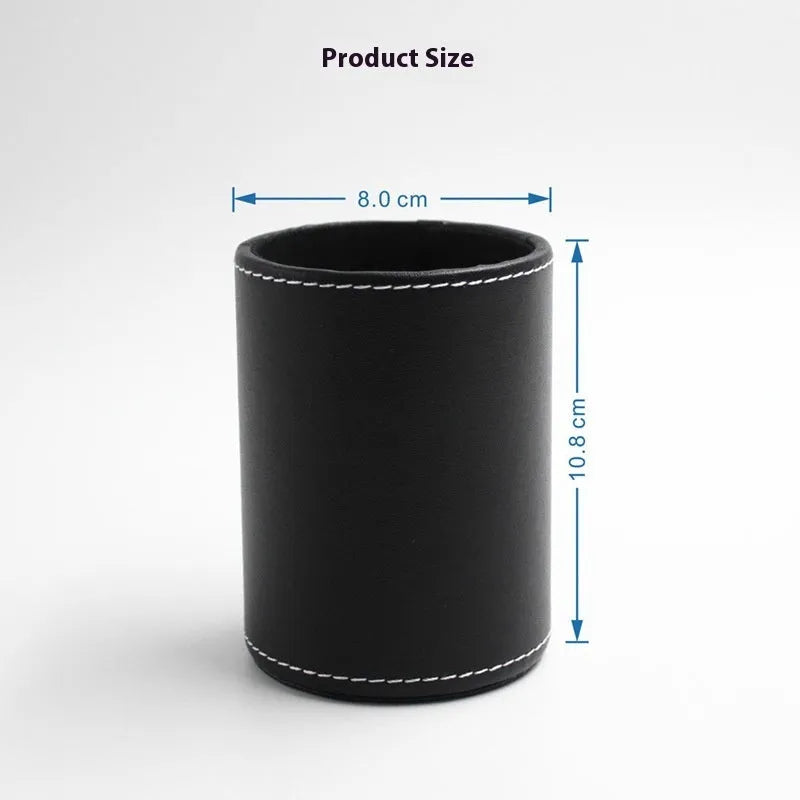 Black leather round pen holder container with 8cm diameter and 10.8cm height
