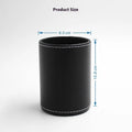 Black leather round pen holder container with 8cm diameter and 10.8cm height
