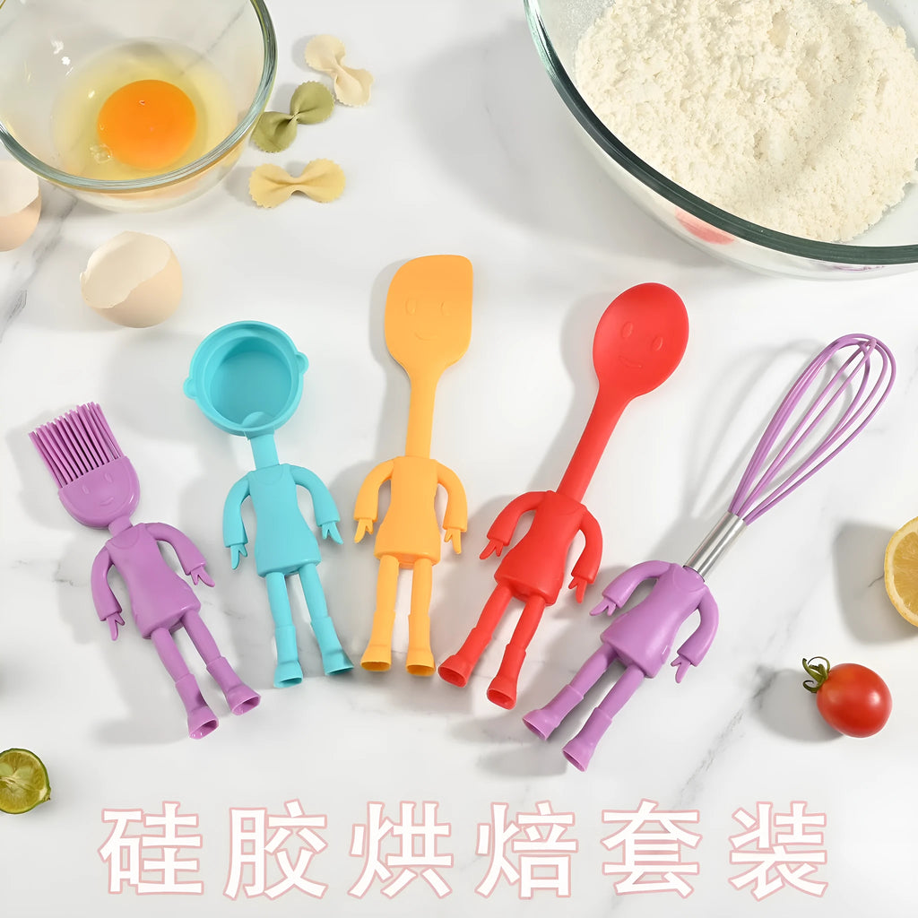 Children's baking silicone tools five-piece set with rolling pin, cutters and spatula in random colour box packaging