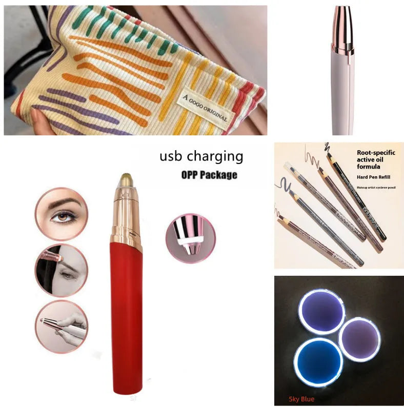 Eyebrow epilator pen with gold plated head and LED light on pink background