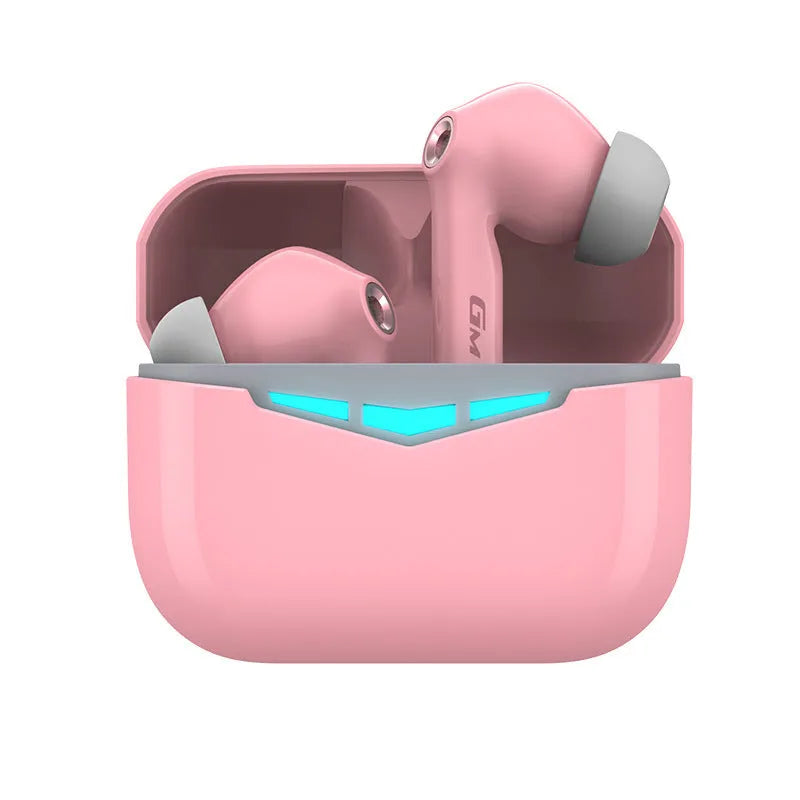 True wireless Bluetooth gaming in-ear headphones with charging case in black, pink, white, or grey.