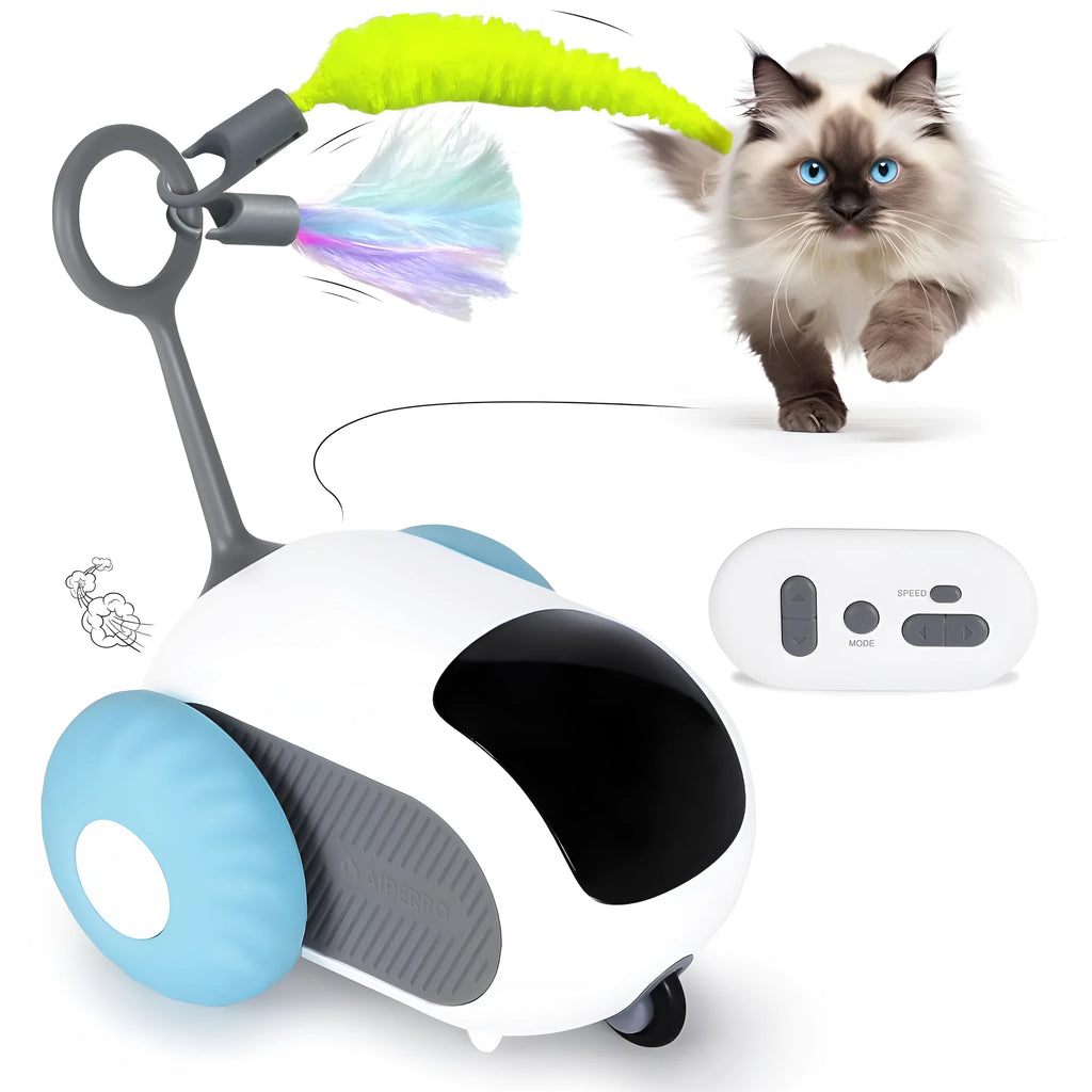 Blue or orange smart electronic cat toy car with feather teaser and remote control on floor.