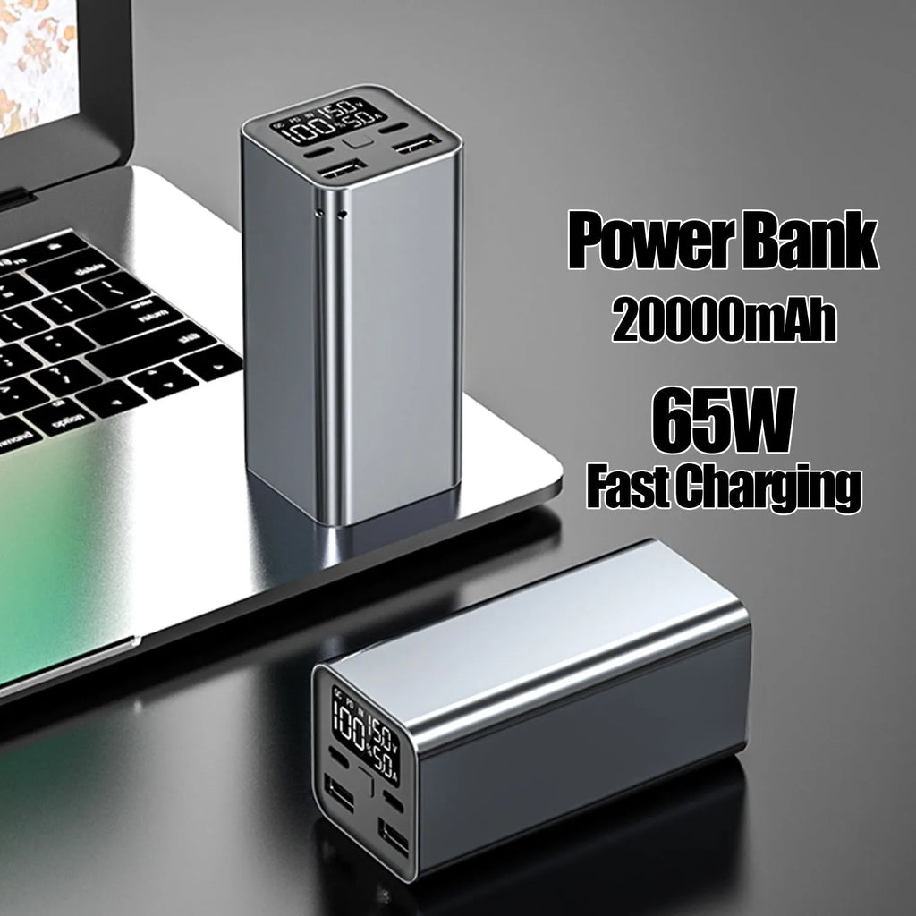 65W metal power bank with 20000mAh capacity for laptop charging, shown in black, blue, or grey.
