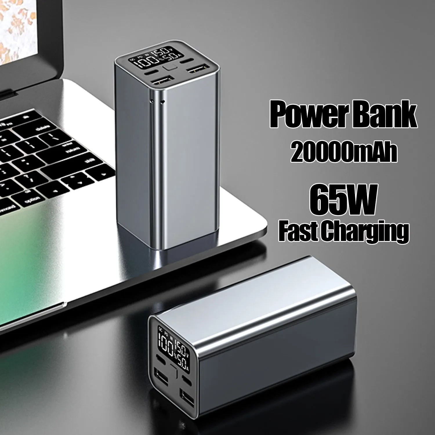 65W metal power bank with 20000mAh capacity for laptop charging, shown in black, blue, or grey.