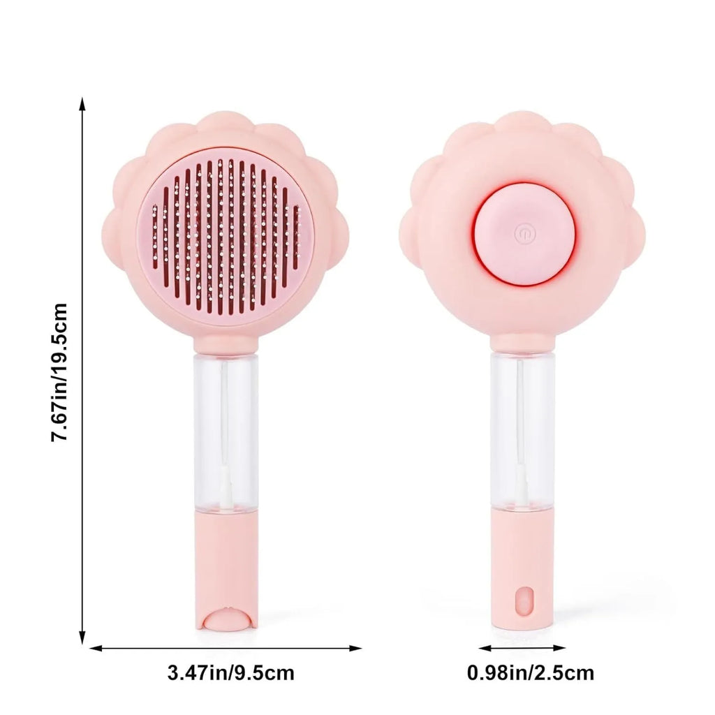 Grey spray cat grooming brush with self-cleaning button and curved stainless steel bristles on a white background.