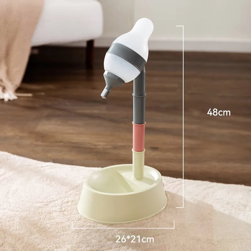 Green adjustable height pet water dispenser with separate bowl and stable base on kitchen floor