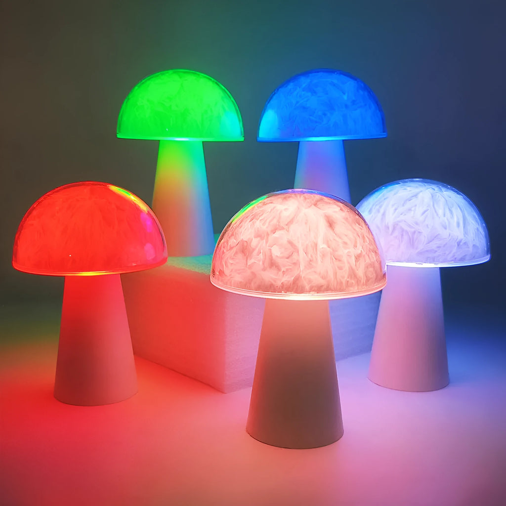 Mushroom-shaped remote control night light with RGB colour changing on wooden surface