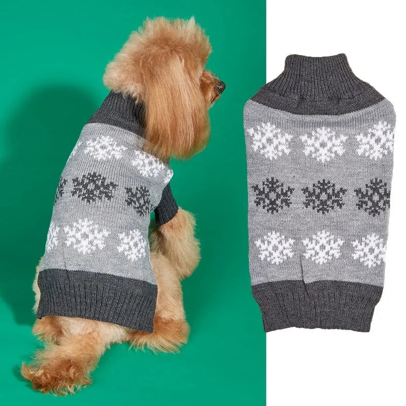 Dark brown and grey dog Christmas sweater with snowflake pattern, acrylic knit construction
