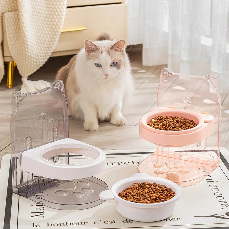 Adjustable height anti spill cat bowl with removable hanging cage in grey colour