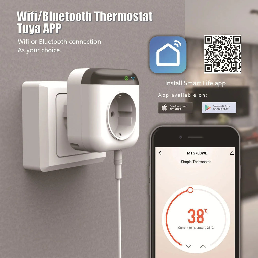 White Tuya temperature control wifi smart socket with temperature sensor probe and US 3-hole electrical outlet