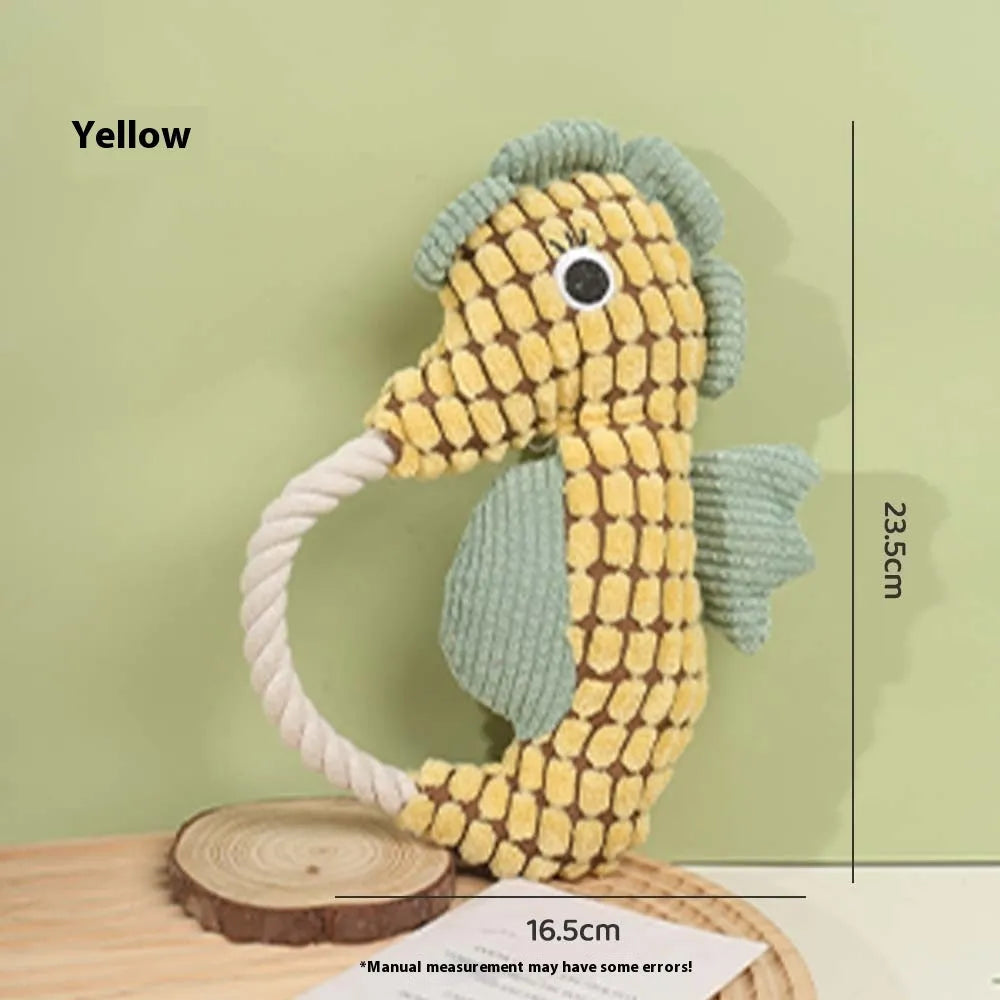 Pineapple velvet molar plush pet toy in yellow seahorse colour with squeaker, 16.5 x 23.5 cm