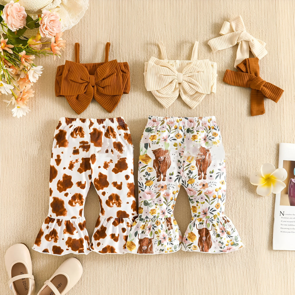 Girls' summer cotton bow suspenders short top and trousers suit set in beige with flower pattern