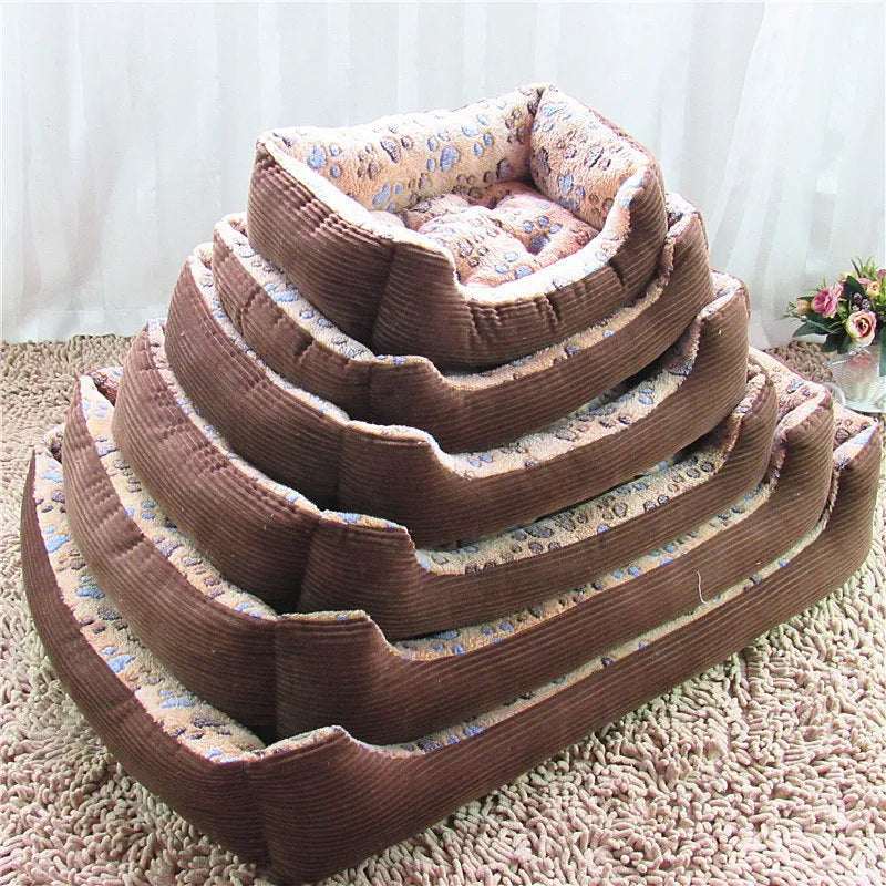Beige soft plush sofa-style pet dog bed with raised sides for a small dog.