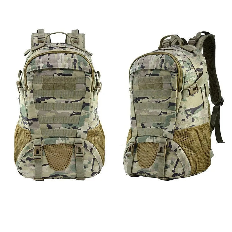 Outdoor mountaineering backpack in Oxford cloth shown in a camouflage colour with air pillow belt system.