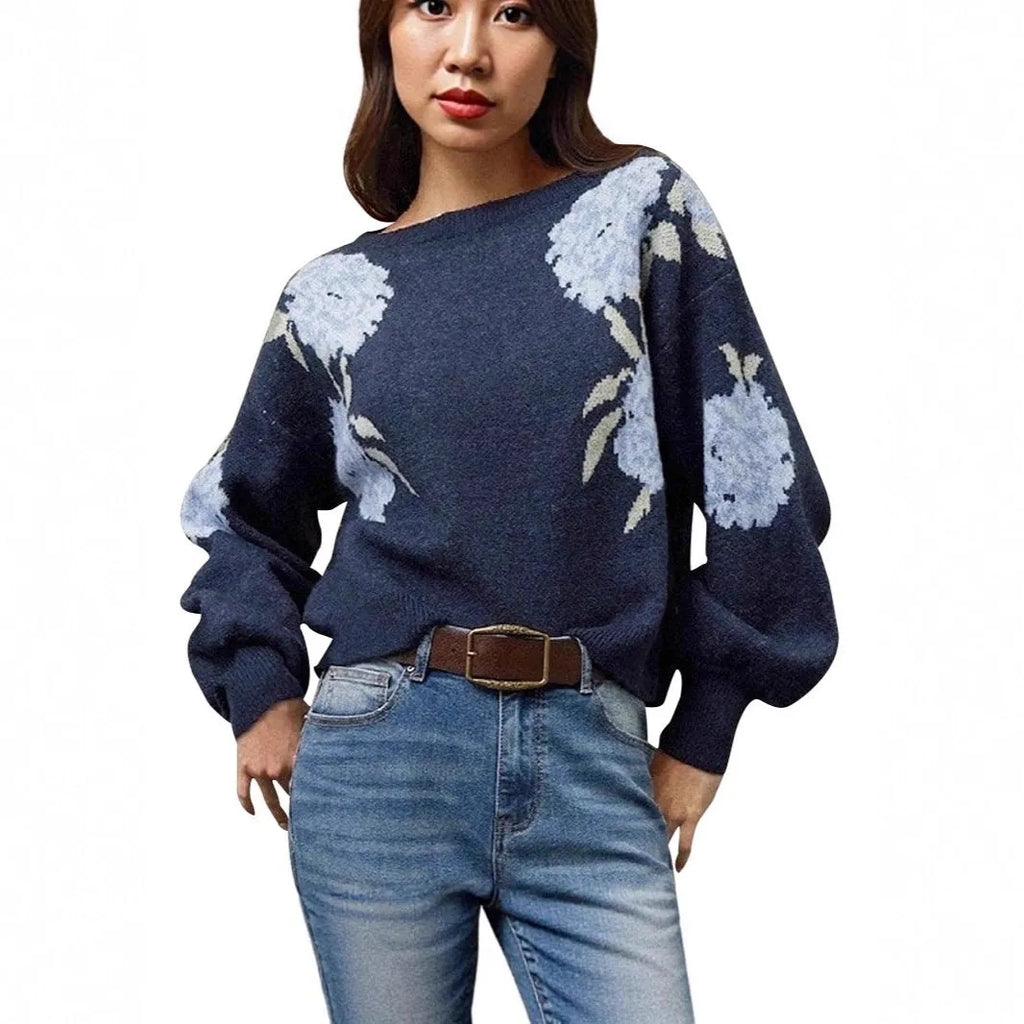Sapphire blue women's off-neck pullover with floral jacquard pattern and loose casual fit