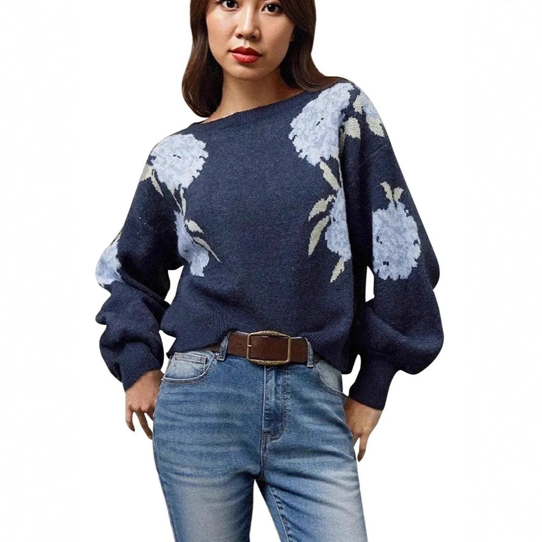 Sapphire blue women's off-neck pullover with floral jacquard pattern and loose casual fit