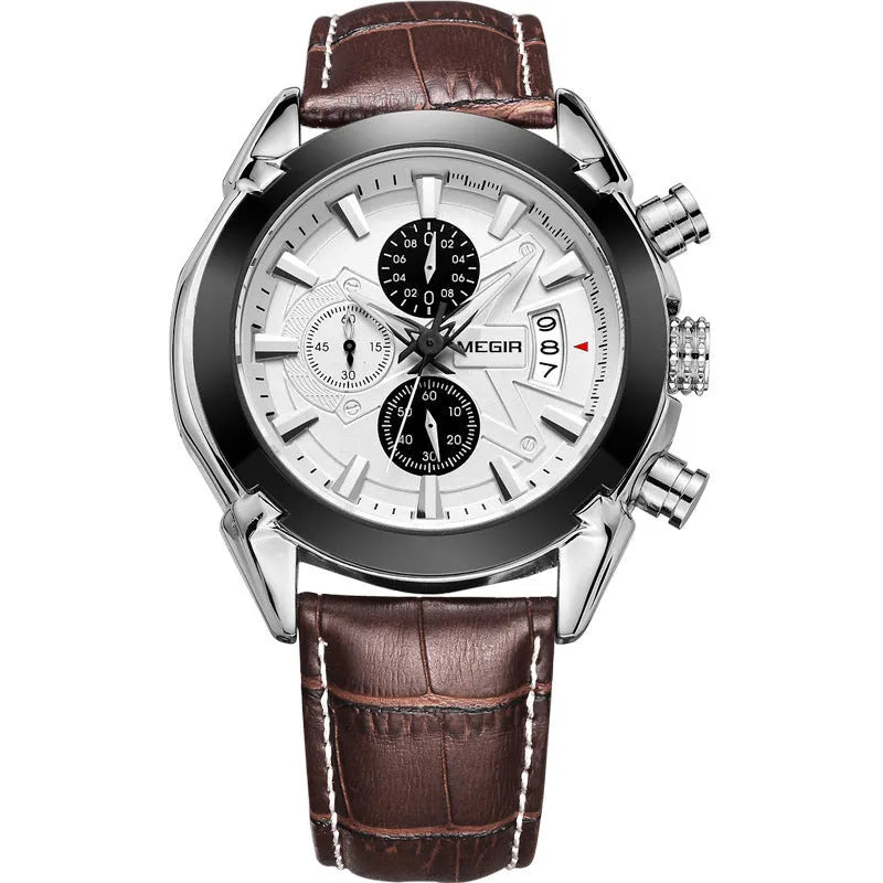 Men's quartz watch with three subdials, luminous hands, waterproof construction in black or brown colour options