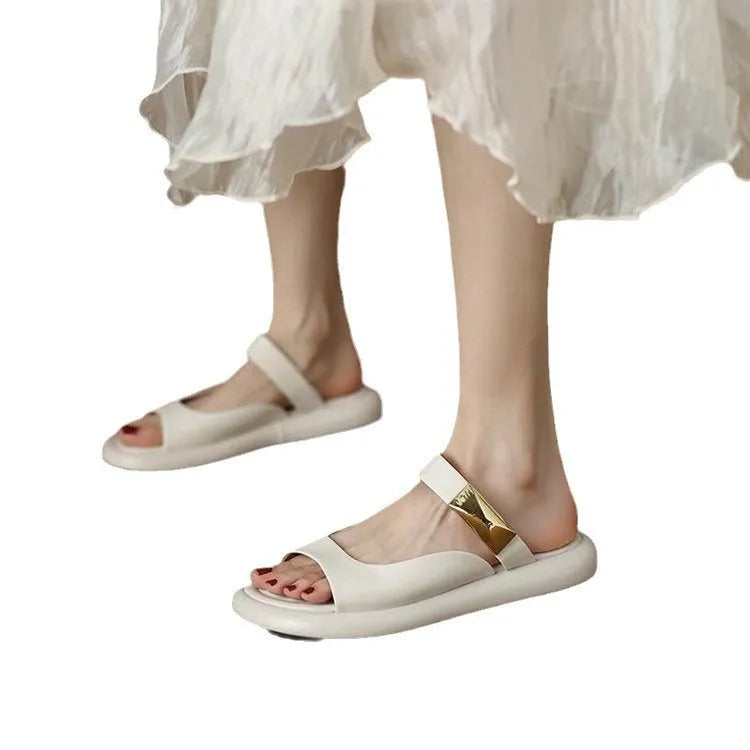 Apricot leather peep toe platform sandals with rubber sole showing open-toe design