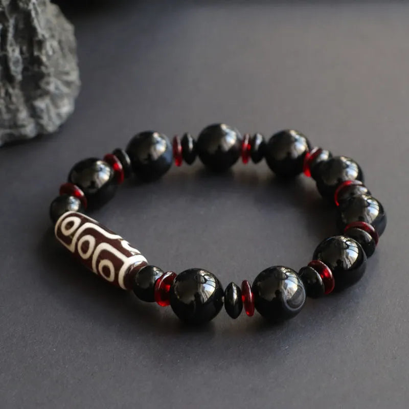 Hand-woven black agate Dzi bead bracelet with 11mm geometry-shaped chalcedony beads
