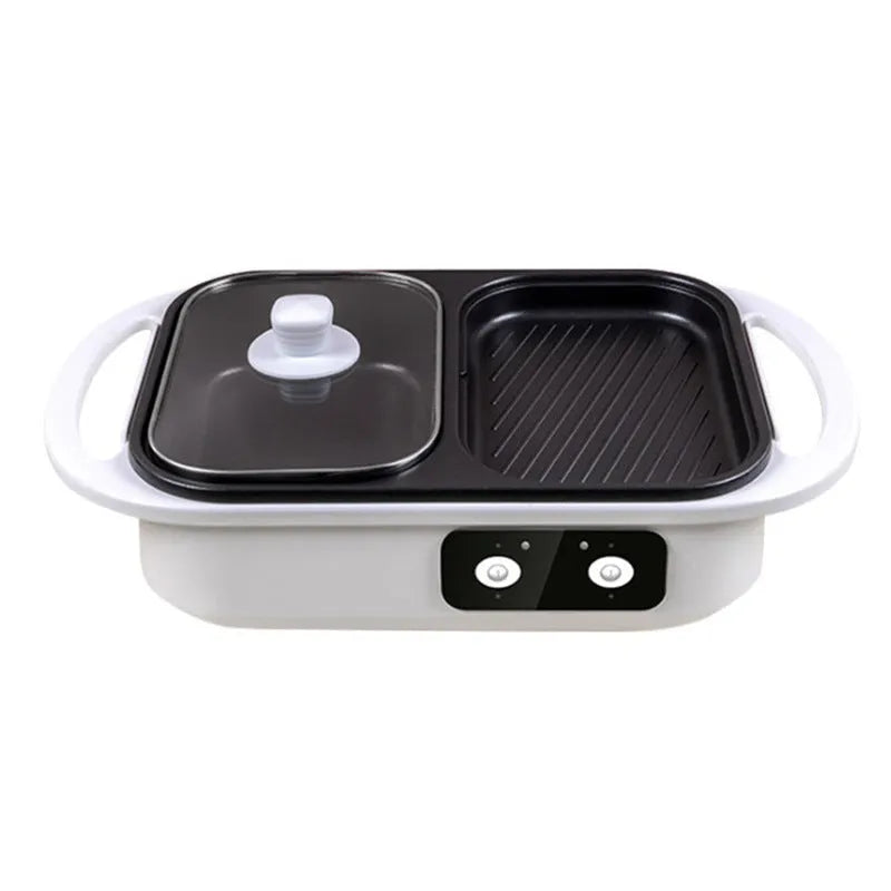 Green and white dual-function electric hot pot with frying pan showing mechanical controls and compact design