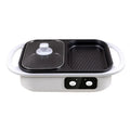 Green and white dual-function electric hot pot with frying pan showing mechanical controls and compact design