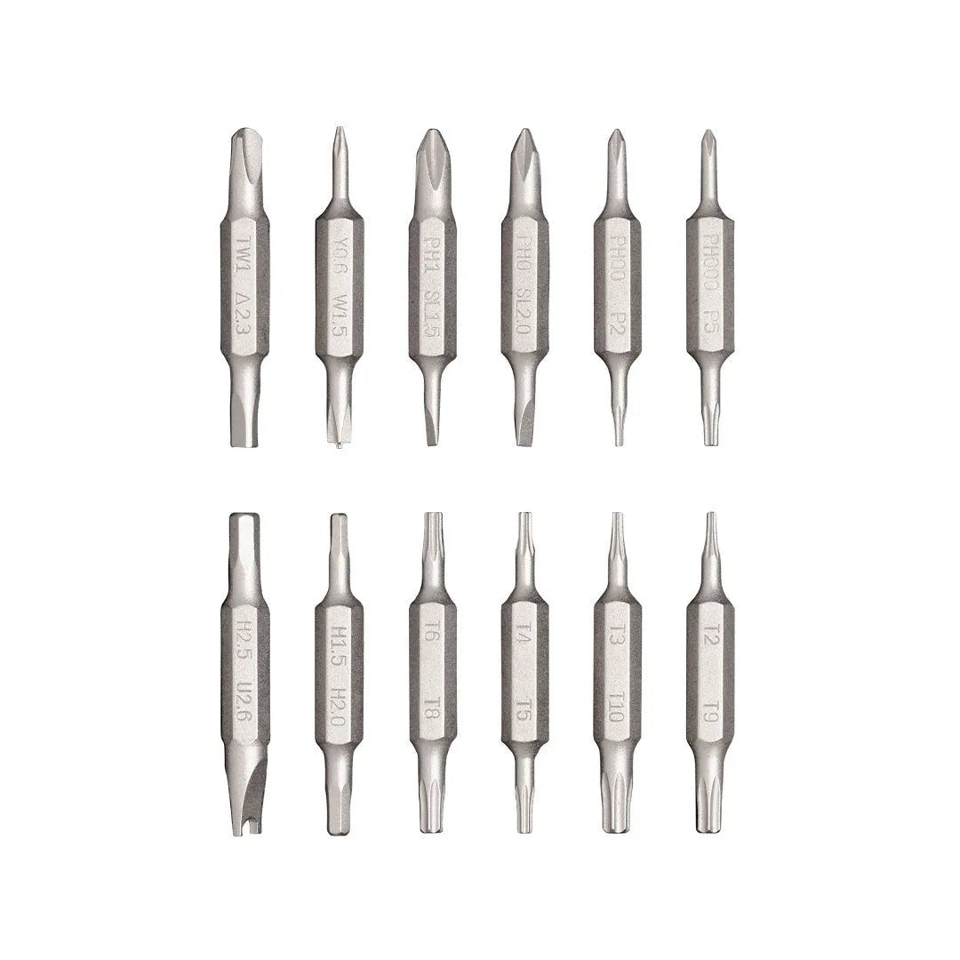 24-in-1 precision repair screwdriver set with 12 double-end bits in black, grey or red colours